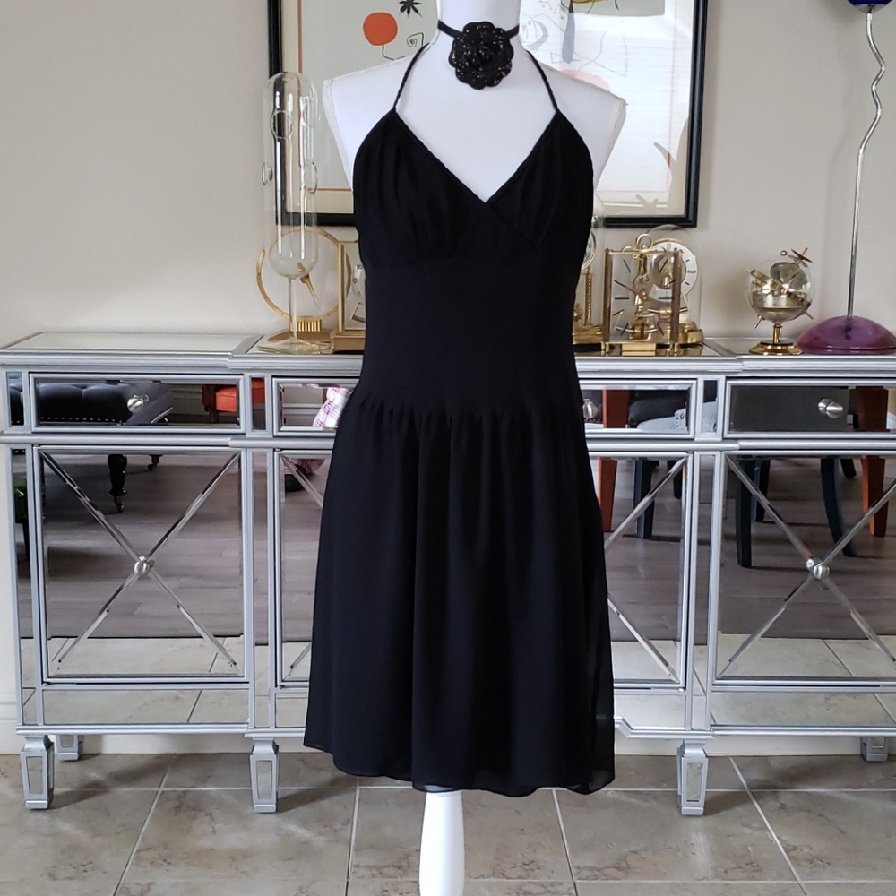 Silk Black Halter Backless Dress L 12 Stretchy